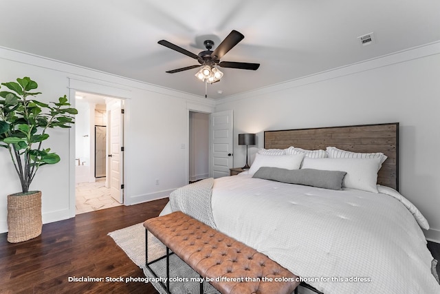 1100 W Pebblebrooke Dr, Ozark, MO 65721 - bedroom with wood finished floors, crown molding, ensuite bath, and a ceiling fan