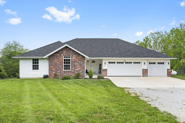 427 N Maynard Rd, Nixa, MO 65714 - ranch-style home featuring driveway, brick siding, a garage, a front lawn, and roof with shingles