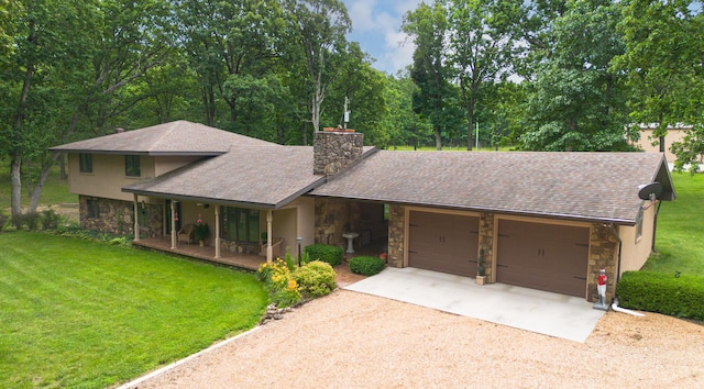 2620 Big Timber Rd, Marshfield, MO 65706 - view of front facade featuring stone siding, a chimney, dirt driveway, and a front lawn