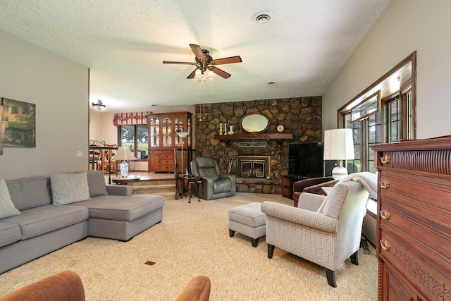 2620 Big Timber Rd, Marshfield, MO 65706 - carpeted living room featuring ceiling fan and a fireplace