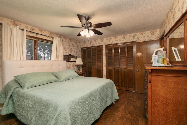 2620 Big Timber Rd, Marshfield, MO 65706 - bedroom featuring wallpapered walls, wood finished floors, multiple closets, a textured ceiling, and a ceiling fan