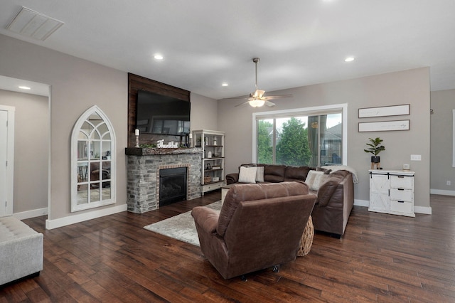 926 E Downshire Dr, Nixa, MO 65714 - living room with wood finished floors, a fireplace, a ceiling fan, and recessed lighting