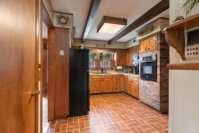610 W Summit St, Bolivar, MO 65613 - kitchen featuring black appliances, brick patterned floors, beamed ceiling, light countertops, and tasteful backsplash