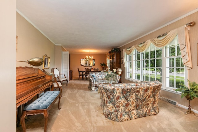 610 W Summit St, Bolivar, MO 65613 - living area with ornamental molding, light carpet, and a chandelier