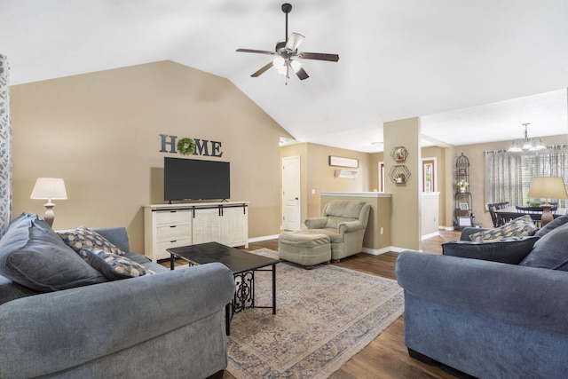 241 Everett Ml Rd, Branson, MO 65616 - living area featuring a chandelier, a ceiling fan, wood finished floors, and lofted ceiling