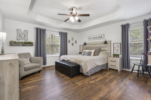 241 Everett Ml Rd, Branson, MO 65616 - bedroom featuring a raised ceiling, dark wood-type flooring, multiple windows, and ceiling fan