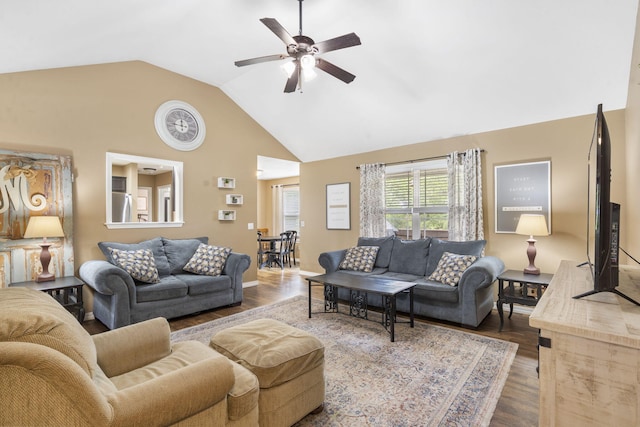 241 Everett Ml Rd, Branson, MO 65616 - living room featuring wood finished floors, ceiling fan, and high vaulted ceiling