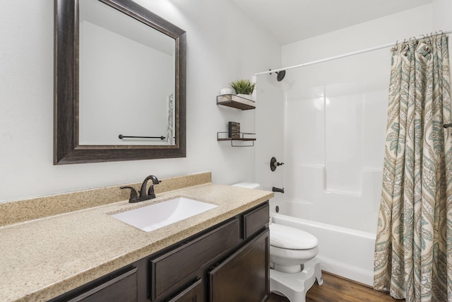 241 Everett Ml Rd, Branson, MO 65616 - bathroom with shower / tub combo with curtain, vanity, and wood finished floors