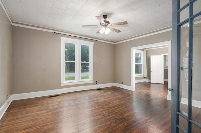 902 S Hickory St, Mount Vernon, MO 65712 - empty room featuring crown molding, ceiling fan, and dark wood finished floors