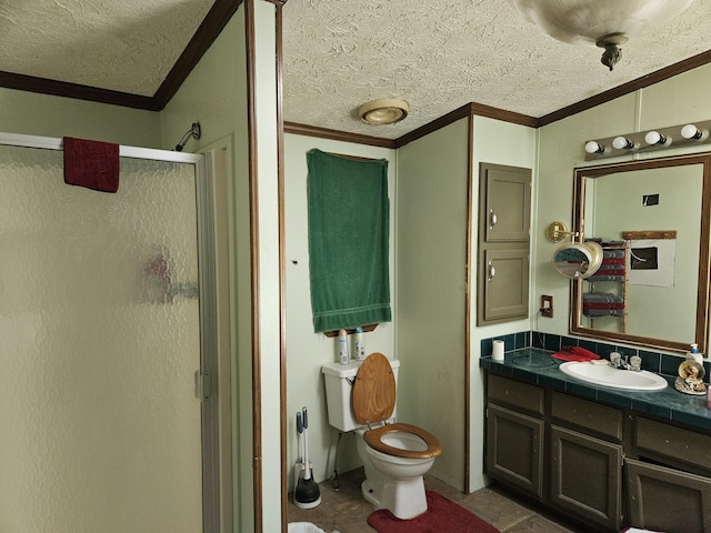 15535 Business Highway 60, Verona, MO 65769 - bathroom with ornamental molding, a stall shower, a textured ceiling, and vanity