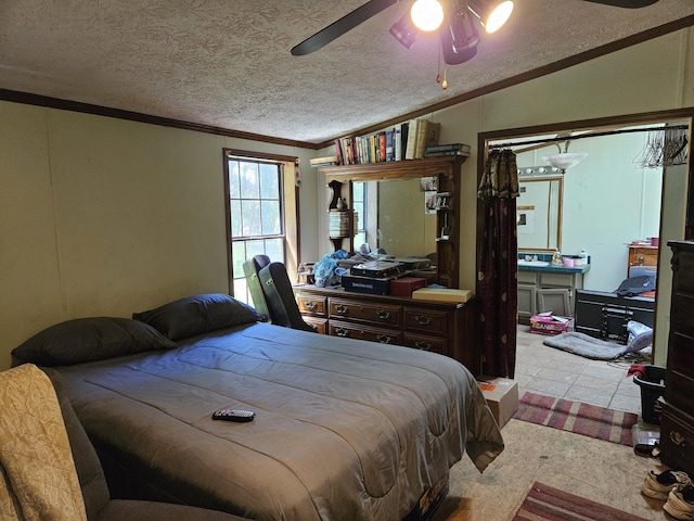 15535 Business Highway 60, Verona, MO 65769 - carpeted bedroom with ornamental molding, a textured ceiling, and a ceiling fan