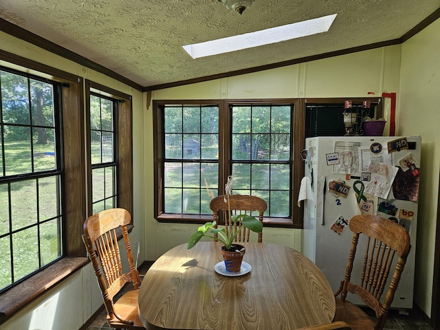 15535 Business Highway 60, Verona, MO 65769 - dining room with lofted ceiling, a skylight, a textured ceiling, and ornamental molding