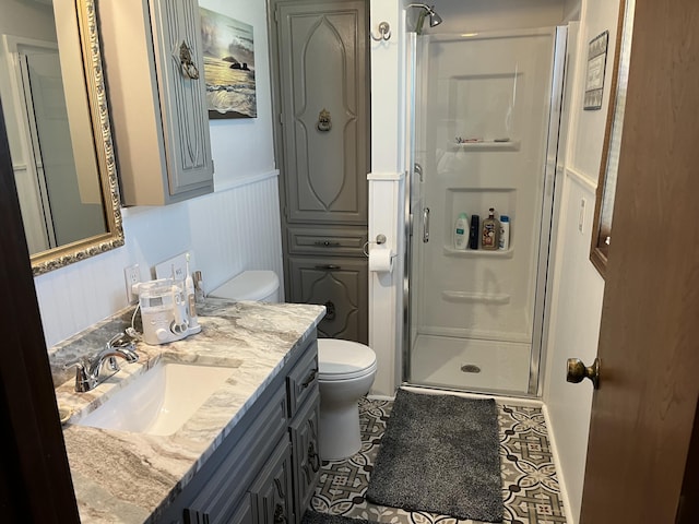 508 E Kirkwood Dr, Aurora, MO 65605 - bathroom with a stall shower, vanity, and wainscoting