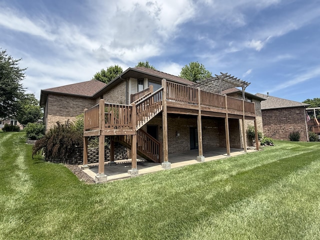 5218 S Gary Ct, Springfield, MO 65810 - rear view of house with a wooden deck, a patio, a pergola, and a lawn