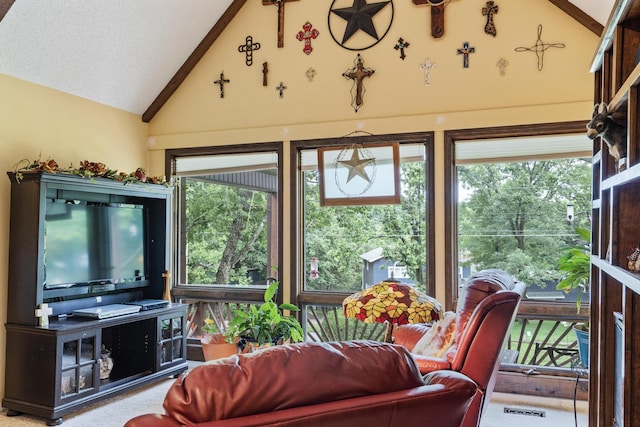 781 Santana Cir, Reeds Spring, MO 65737 - living area featuring high vaulted ceiling, carpet floors, and beamed ceiling