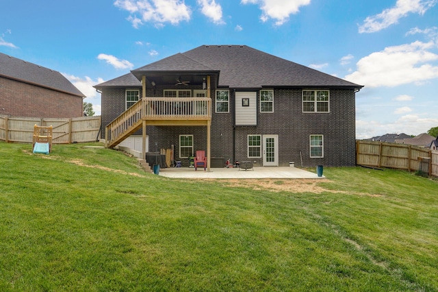 1611 E Hayloft Dr, Ozark, MO 65721 - rear view of house with a ceiling fan, a patio area, brick siding, stairs, and a fenced backyard
