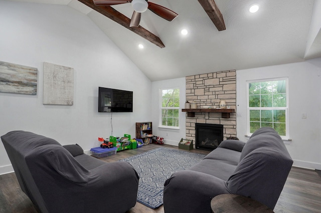 1611 E Hayloft Dr, Ozark, MO 65721 - living area with beamed ceiling, ceiling fan, wood finished floors, recessed lighting, and a fireplace