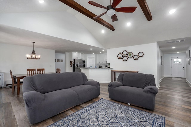 1611 E Hayloft Dr, Ozark, MO 65721 - living area featuring a chandelier, ceiling fan, beam ceiling, high vaulted ceiling, and wood finished floors