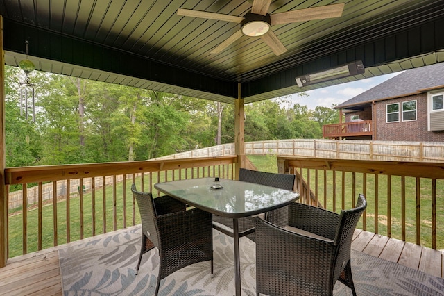 1611 E Hayloft Dr, Ozark, MO 65721 - deck featuring a ceiling fan, a fenced backyard, and outdoor dining space