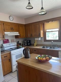 177 Marla Cir, Ozark, MO 65721 - kitchen with white electric range oven, under cabinet range hood, brown cabinets, light countertops, and tasteful backsplash