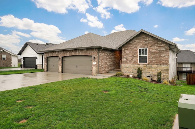 842 E Acacia Ln, Nixa, MO 65714 - view of front of house featuring a garage, driveway, a front yard, roof with shingles, and stone siding
