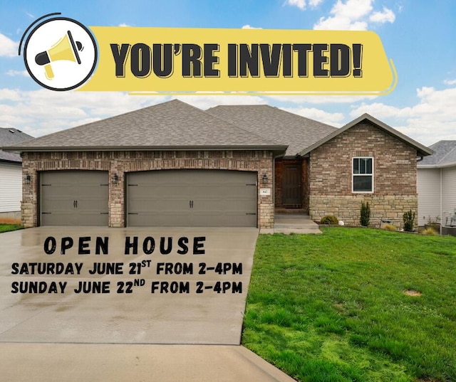 842 E Acacia Ln, Nixa, MO 65714 - view of front facade with an attached garage, driveway, a front yard, and brick siding