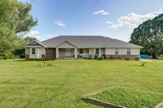 2240 Cherokee Ct, Nixa, MO 65714 - view of front of house with a porch, a front yard, stucco siding, and roof with shingles