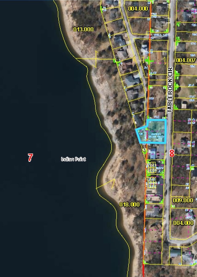 410 Tablerock Cir, Branson, MO 65616 - aerial map of property and surrounding area featuring property boundaries highlighted