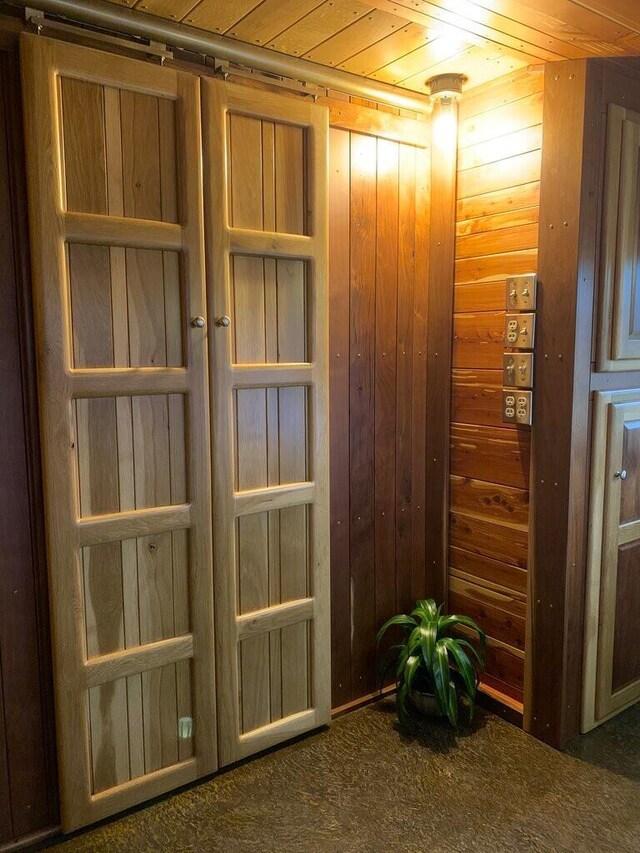 200 NE 90th Ln, Lamar, MO 64759 - elevator with carpet flooring, wood walls, and wood ceiling