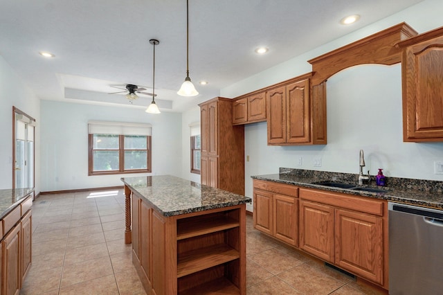 4520 English Ivy Ave, Springfield, MO 65804 - kitchen featuring dishwasher, a ceiling fan, dark stone counters, open shelves, and brown cabinets