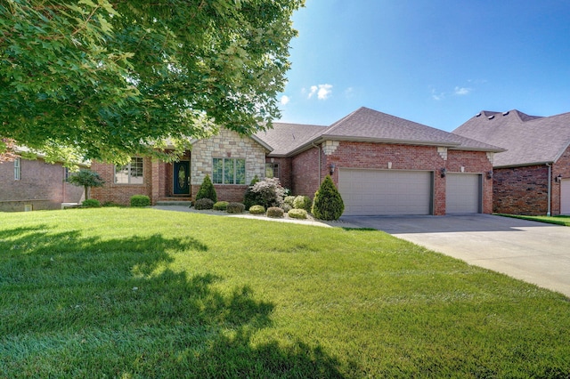 4520 English Ivy Ave, Springfield, MO 65804 - view of front of house featuring a garage, a front lawn, driveway, brick siding, and roof with shingles