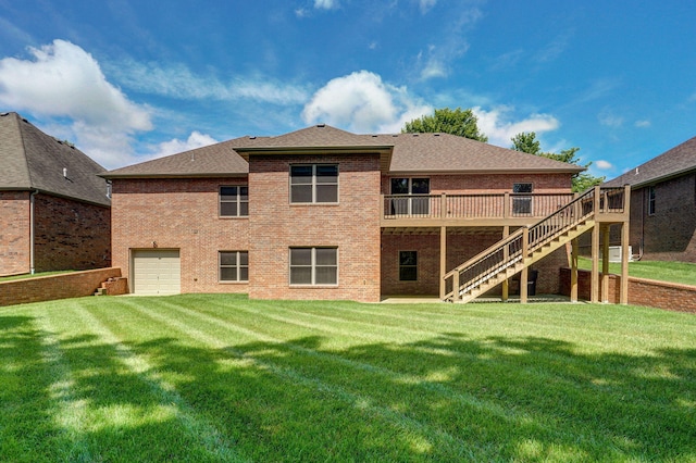 4520 English Ivy Ave, Springfield, MO 65804 - back of property with stairway, brick siding, a garage, a wooden deck, and a yard