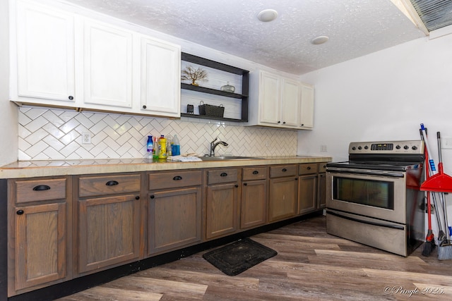 3331 US Highway 160, West Plains, MO 65775 - kitchen with stainless steel electric range, tasteful backsplash, light countertops, dark wood-style flooring, and a textured ceiling