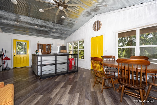 3331 US Highway 160, West Plains, MO 65775 - dining room featuring a ceiling fan, wood finished floors, wooden ceiling, and high vaulted ceiling