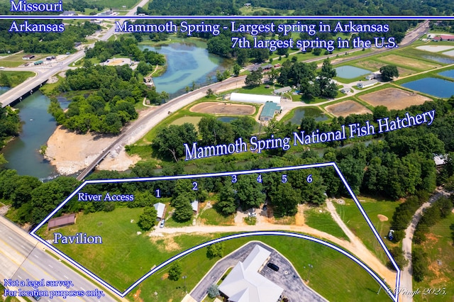 378 63rd Hwy S, Mammoth Spring, AR 72554 - aerial view of property's location featuring property boundaries highlighted and a nearby body of water
