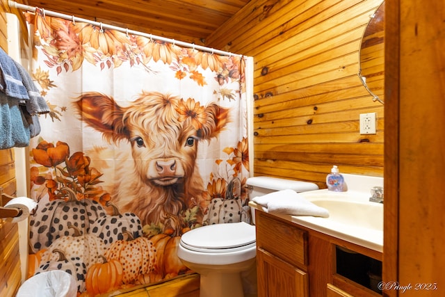 378 63rd Hwy S, Mammoth Spring, AR 72554 - bathroom with wood ceiling, vanity, curtained shower, and wooden walls