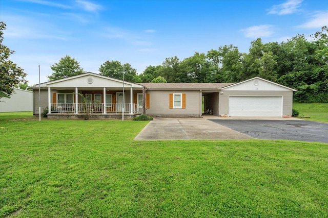 112 Riverview Dr, Anderson, MO 64831 - ranch-style home featuring a porch, asphalt driveway, a garage, and a front yard
