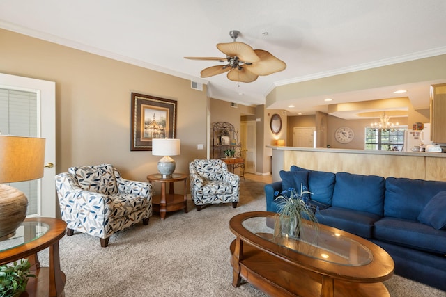 200 Glory Rd Unit 3, Branson, MO 65616 - living area featuring carpet flooring, a chandelier, crown molding, and a ceiling fan