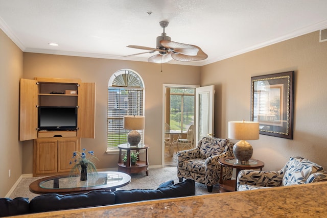 200 Glory Rd Unit 3, Branson, MO 65616 - carpeted living area featuring ornamental molding and a ceiling fan