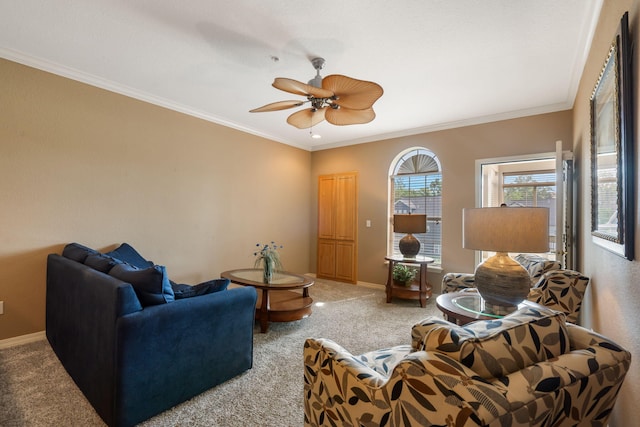 200 Glory Rd Unit 3, Branson, MO 65616 - living area with light carpet, ornamental molding, and a ceiling fan