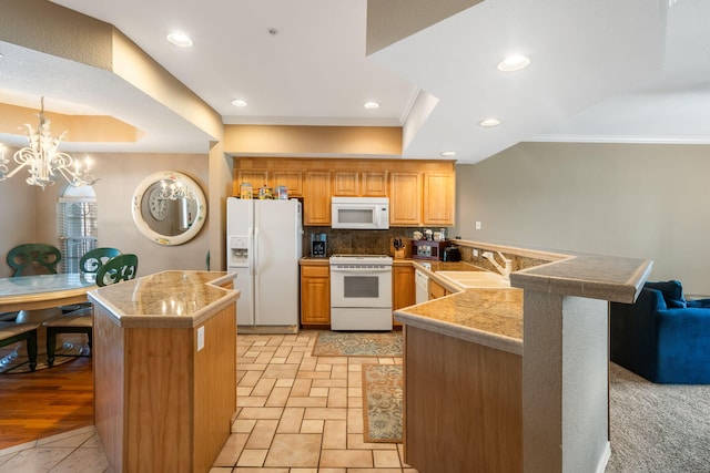 200 Glory Rd Unit 3, Branson, MO 65616 - kitchen featuring white appliances, tile counters, tasteful backsplash, crown molding, and a peninsula