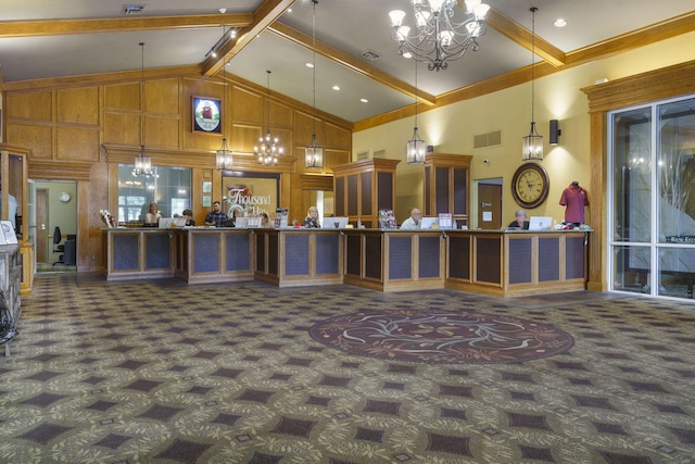200 Glory Rd Unit 3, Branson, MO 65616 - reception area featuring high vaulted ceiling, beamed ceiling, a chandelier, and wood walls