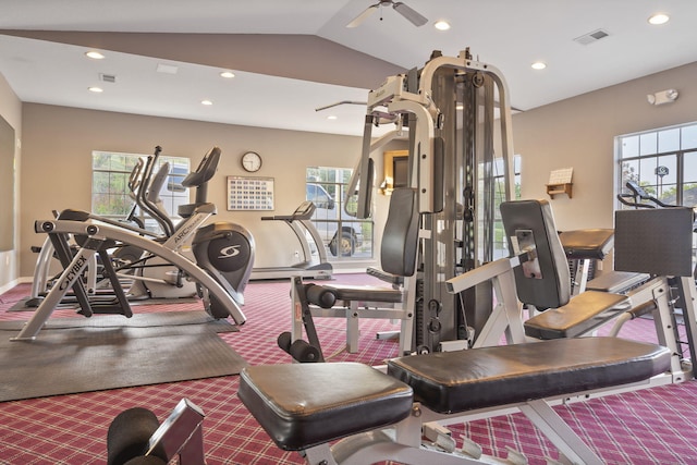 200 Glory Rd Unit 3, Branson, MO 65616 - gym featuring recessed lighting, healthy amount of natural light, vaulted ceiling, ceiling fan, and carpet floors