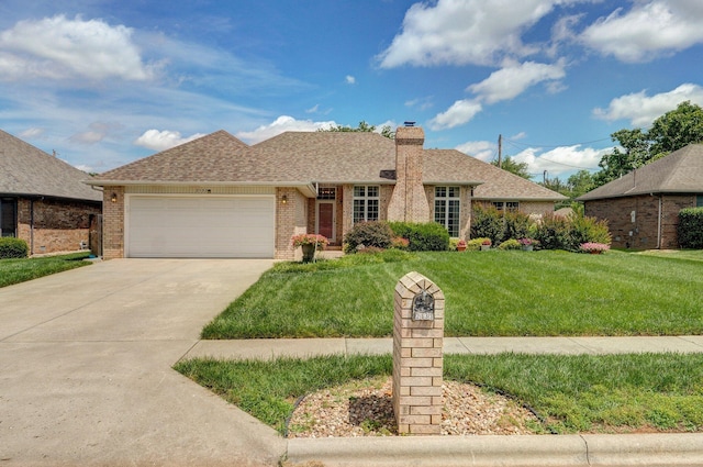2133 E Cragmont St, Springfield, MO 65804 - ranch-style home with brick siding, a chimney, a garage, and a front lawn