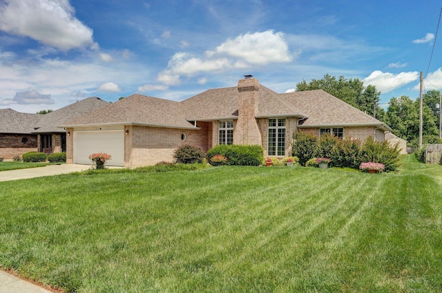 2133 E Cragmont St, Springfield, MO 65804 - ranch-style house with brick siding, a front lawn, roof with shingles, and a chimney