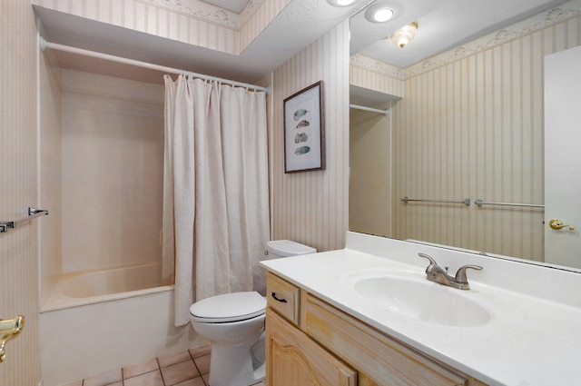 2133 E Cragmont St, Springfield, MO 65804 - bathroom with wallpapered walls, vanity, tile patterned floors, and shower / tub combo with curtain