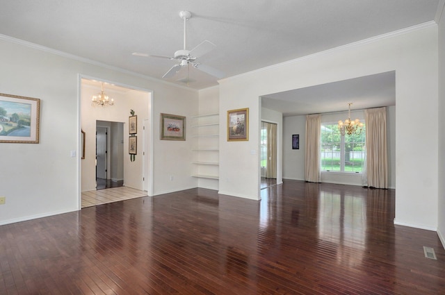 2133 E Cragmont St, Springfield, MO 65804 - unfurnished living room featuring a chandelier, hardwood / wood-style flooring, ceiling fan, built in shelves, and ornamental molding