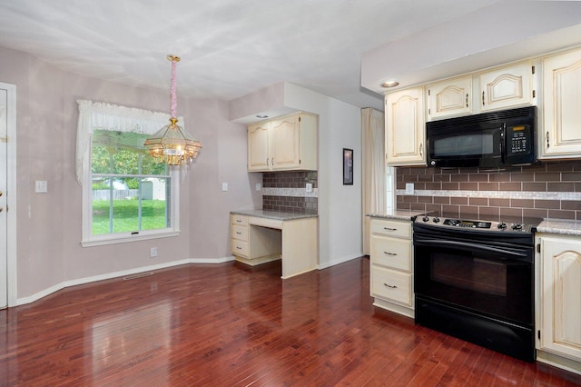 2133 E Cragmont St, Springfield, MO 65804 - kitchen featuring black appliances, cream cabinets, decorative backsplash, dark wood-type flooring, and a chandelier