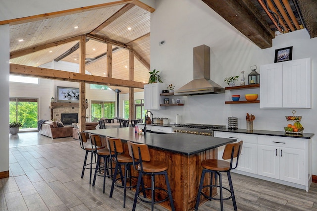 1721 Jackson Spring Rd, Ozark, MO 65721 - kitchen featuring exhaust hood, open shelves, dark countertops, high vaulted ceiling, and light wood finished floors
