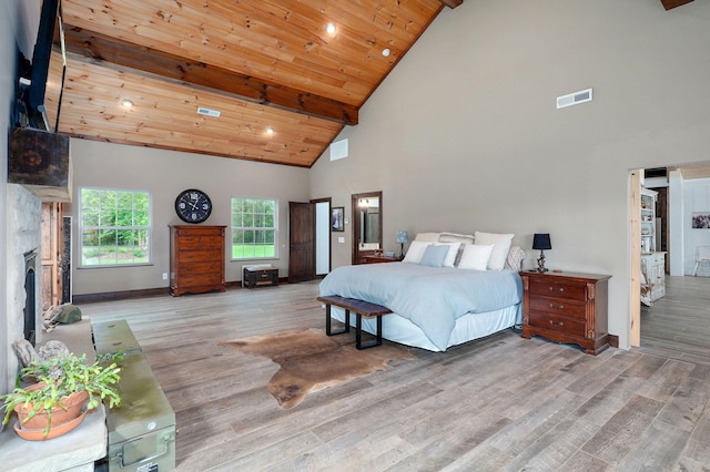 1721 Jackson Spring Rd, Ozark, MO 65721 - bedroom with high vaulted ceiling, wood finished floors, a fireplace with raised hearth, recessed lighting, and a wood ceiling with exposed beams